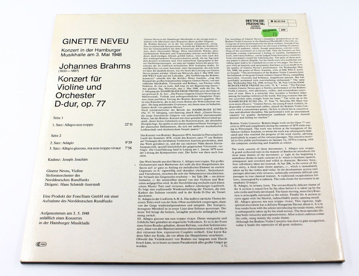 Ginette Neveu, Hans Schmidt-Isserstedt, NDR Symphonie Orchester - Johannes Brahms: Konzert Für Violine Und Orchester D-Dur Op.77